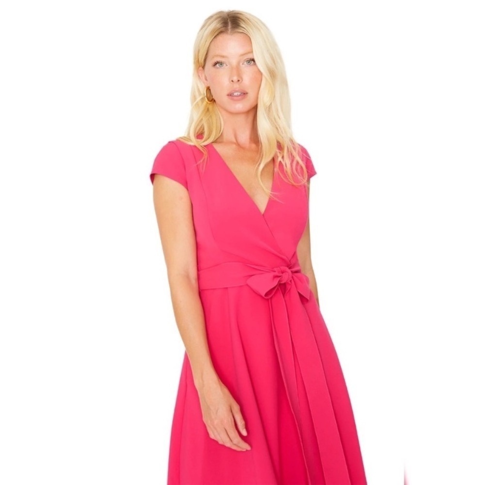 Black Halo - Pandora Faux Wrap Belted Hot Pink Dress - Picture 6 of 16